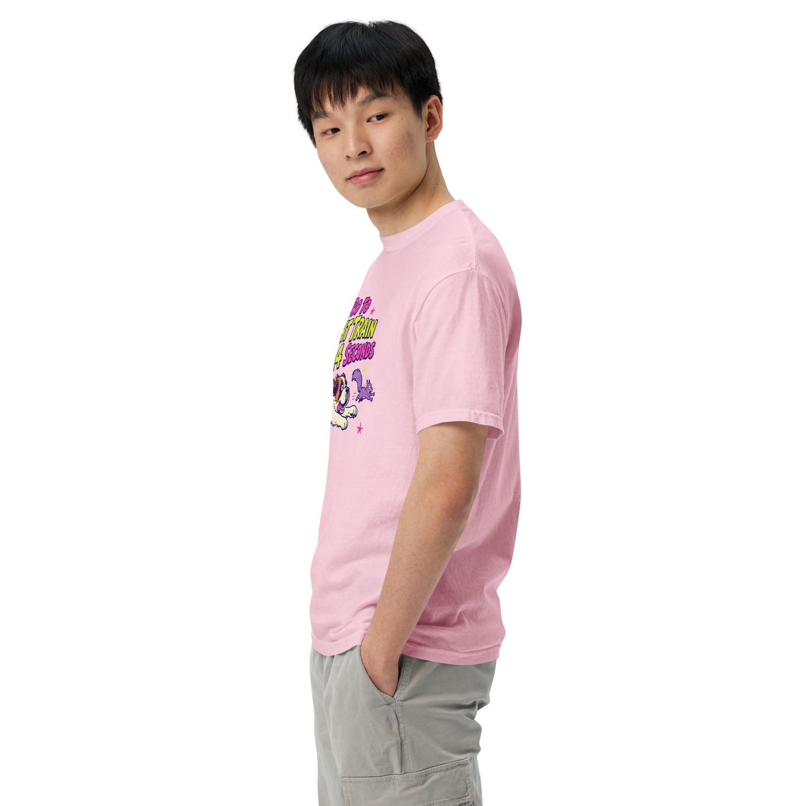 Blossom pink Comfort Colors t-shirt with a bright retro cartoon Saint Bernard chasing a squirrel and Zero to Freight Train in 2.4 Seconds lettering.