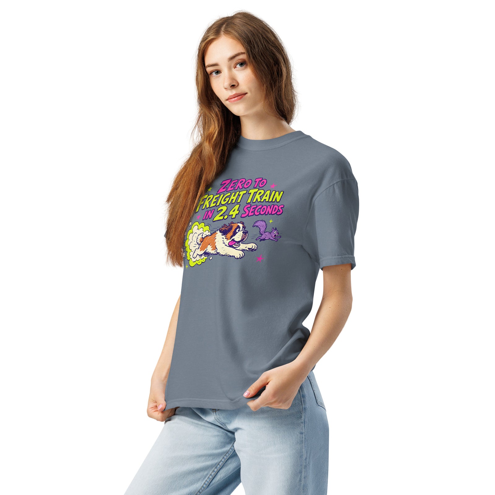 Blue Jean Comfort Colors t-shirt with a bright retro cartoon Saint Bernard chasing a squirrel and Zero to Freight Train in 2.4 Seconds lettering.
