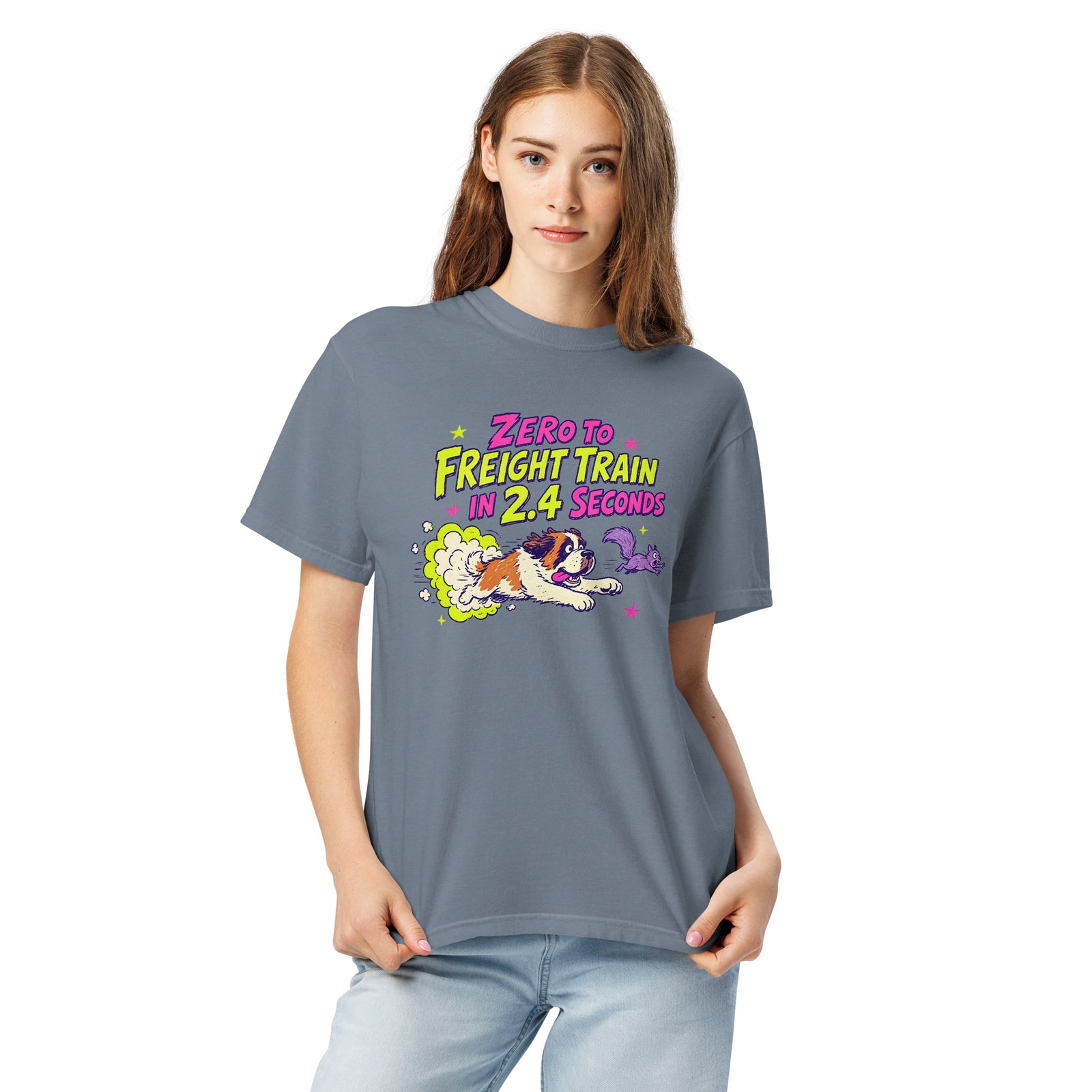 Blue Jean Comfort Colors t-shirt with a bright retro cartoon Saint Bernard chasing a squirrel and Zero to Freight Train in 2.4 Seconds lettering.