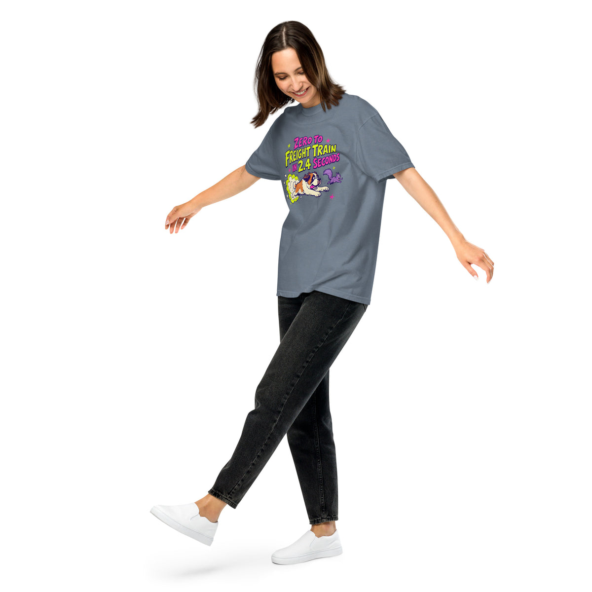 Blue Jean Comfort Colors t-shirt with a bright retro cartoon Saint Bernard chasing a squirrel and Zero to Freight Train in 2.4 Seconds lettering.