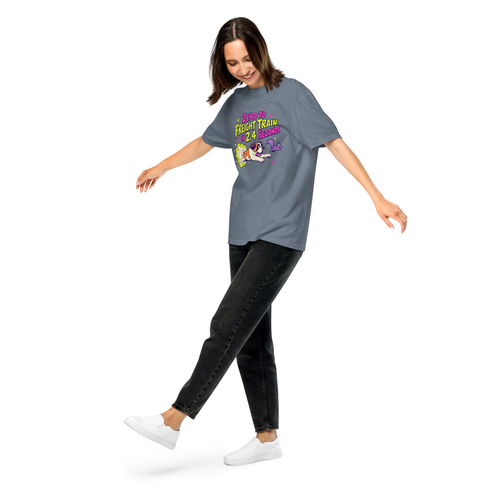 Blue Jean Comfort Colors t-shirt with a bright retro cartoon Saint Bernard chasing a squirrel and Zero to Freight Train in 2.4 Seconds lettering.
