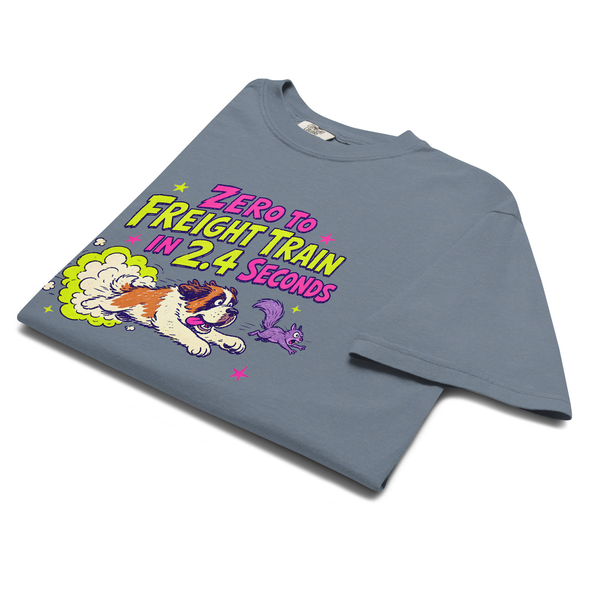 Blue Jean Comfort Colors t-shirt with a bright retro cartoon Saint Bernard chasing a squirrel and Zero to Freight Train in 2.4 Seconds lettering.