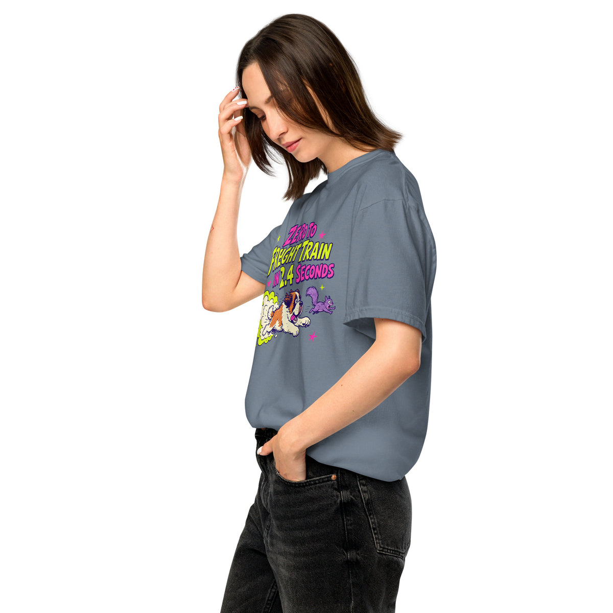 Blue Jean Comfort Colors t-shirt with a bright retro cartoon Saint Bernard chasing a squirrel and Zero to Freight Train in 2.4 Seconds lettering.