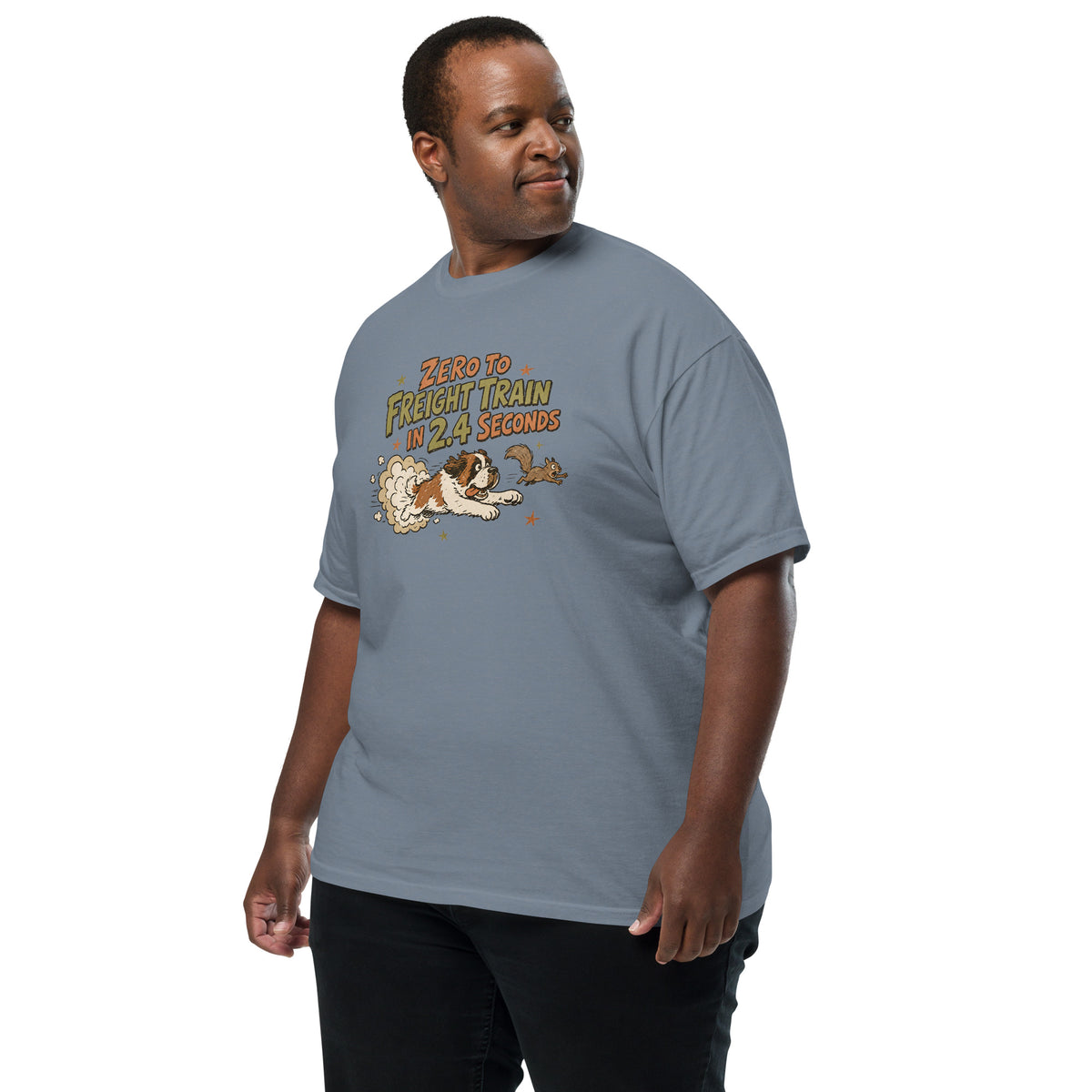 Blue jean Comfort Colors t-shirt with a retro earth tone cartoon of a funny Saint Bernard chasing a squirrel and Zero to Freight Train in 2.4 Seconds lettering.