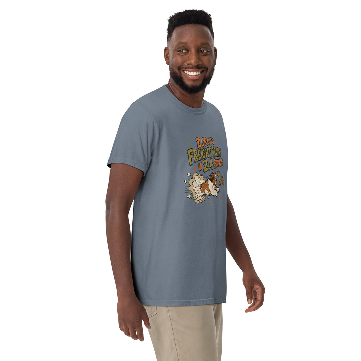 Blue jean Comfort Colors t-shirt with a retro earth tone cartoon of a funny Saint Bernard chasing a squirrel and Zero to Freight Train in 2.4 Seconds lettering.