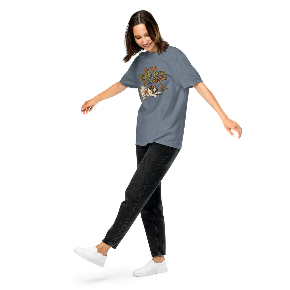Blue jean Comfort Colors t-shirt with a retro earth tone cartoon of a funny Saint Bernard chasing a squirrel and Zero to Freight Train in 2.4 Seconds lettering.