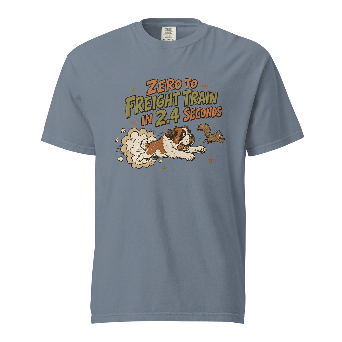 Blue jean Comfort Colors t-shirt with a retro earth tone cartoon of a funny Saint Bernard chasing a squirrel and Zero to Freight Train in 2.4 Seconds lettering.
