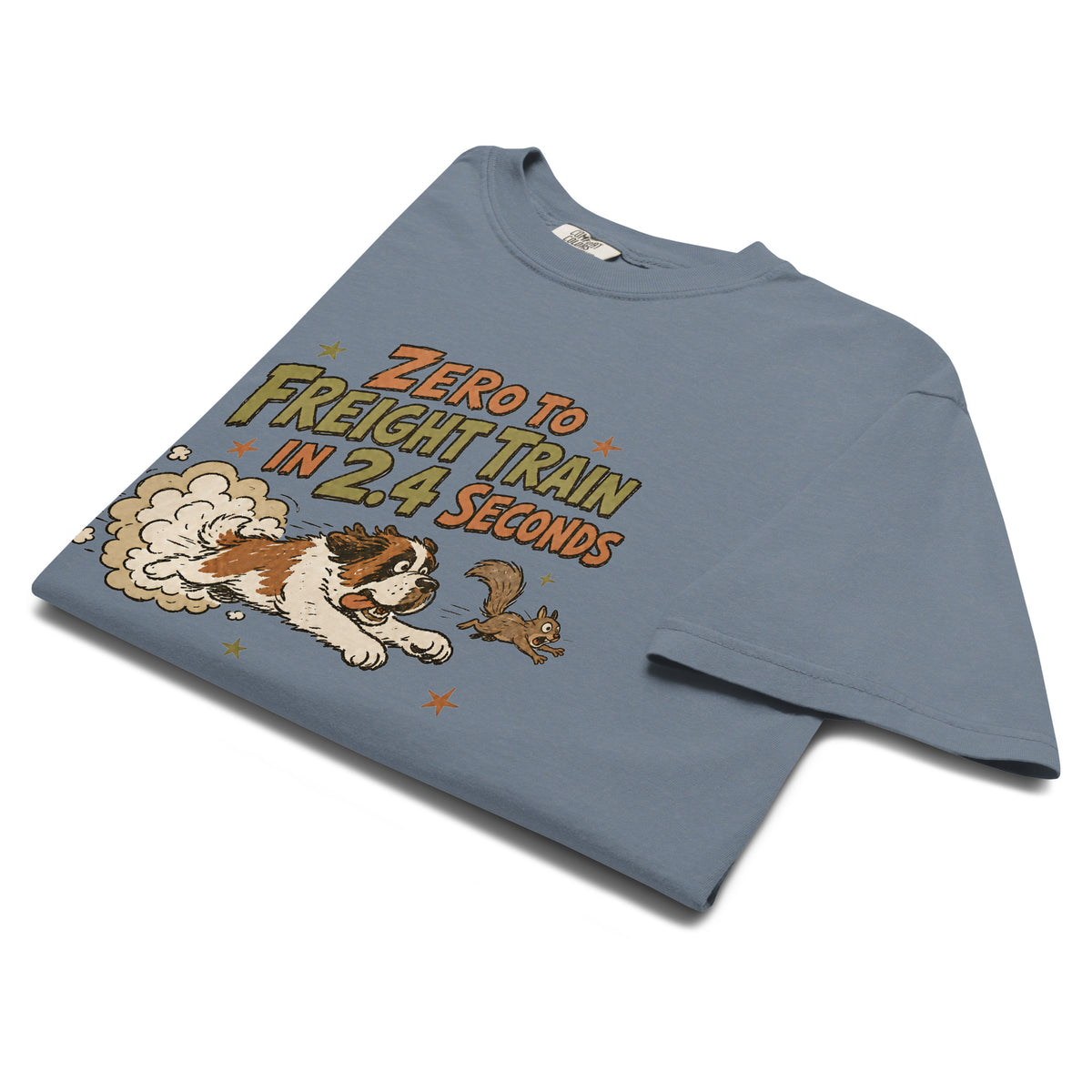 Blue jean Comfort Colors t-shirt with a retro earth tone cartoon of a funny Saint Bernard chasing a squirrel and Zero to Freight Train in 2.4 Seconds lettering.