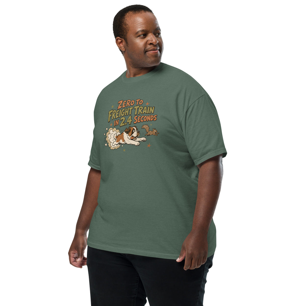 Blue spruce Comfort Colors t-shirt with a retro earth tone cartoon of a funny Saint Bernard chasing a squirrel and Zero to Freight Train in 2.4 Seconds lettering.