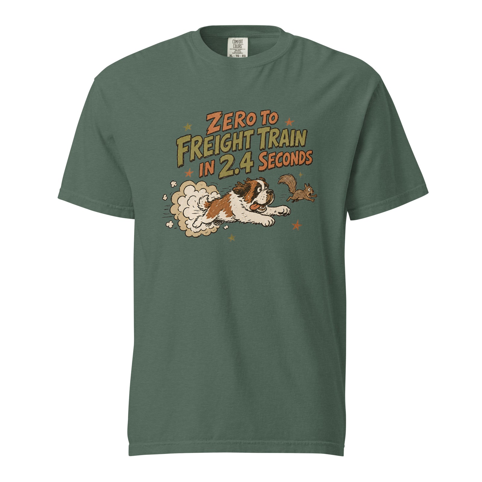 Blue spruce Comfort Colors t-shirt with a retro earth tone cartoon of a funny Saint Bernard chasing a squirrel and Zero to Freight Train in 2.4 Seconds lettering.