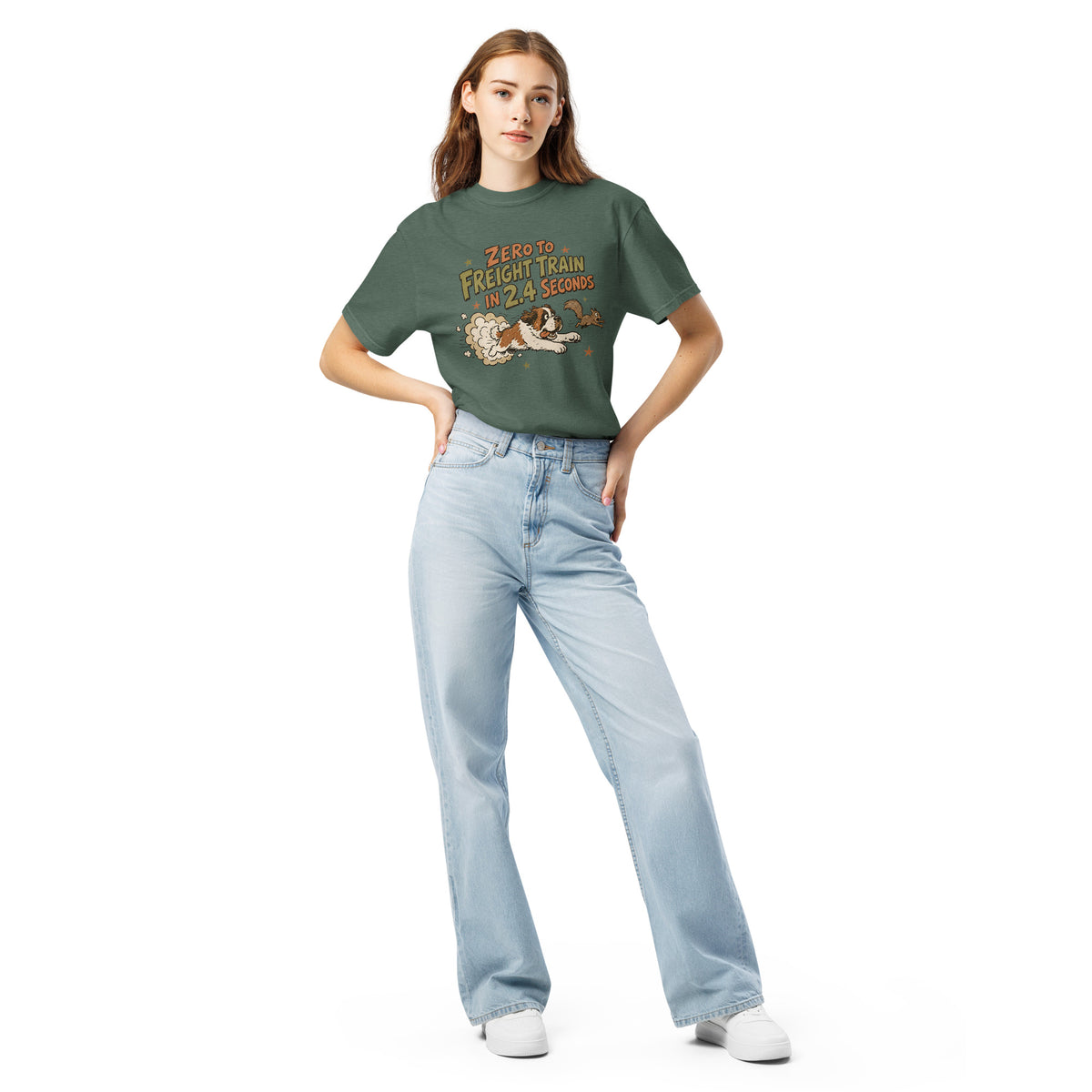 Blue spruce Comfort Colors t-shirt with a retro earth tone cartoon of a funny Saint Bernard chasing a squirrel and Zero to Freight Train in 2.4 Seconds lettering.