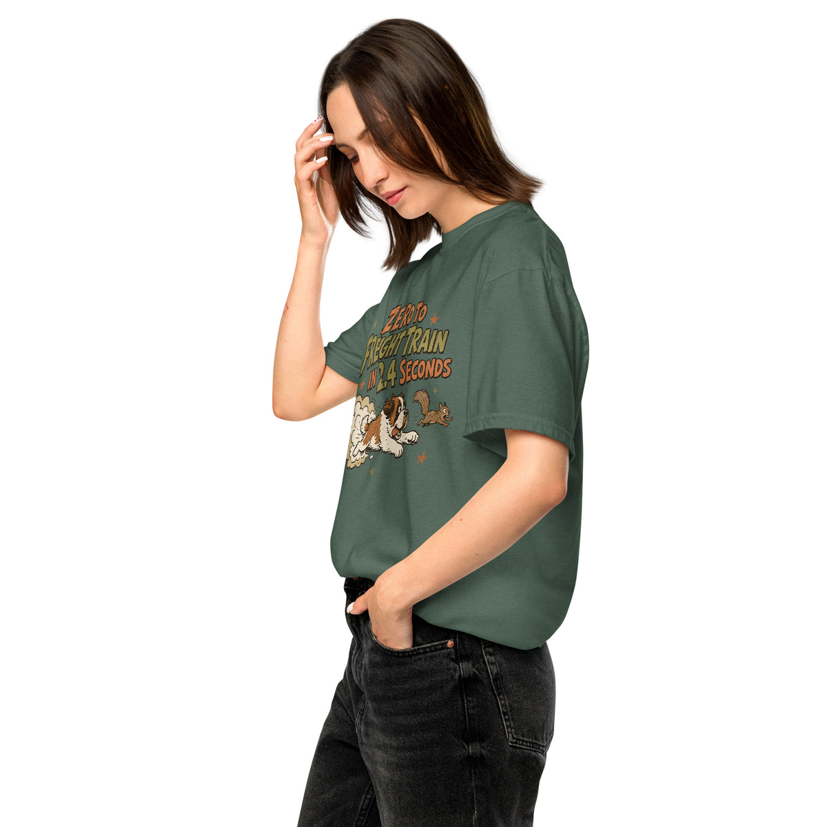 Blue spruce Comfort Colors t-shirt with a retro earth tone cartoon of a funny Saint Bernard chasing a squirrel and Zero to Freight Train in 2.4 Seconds lettering.