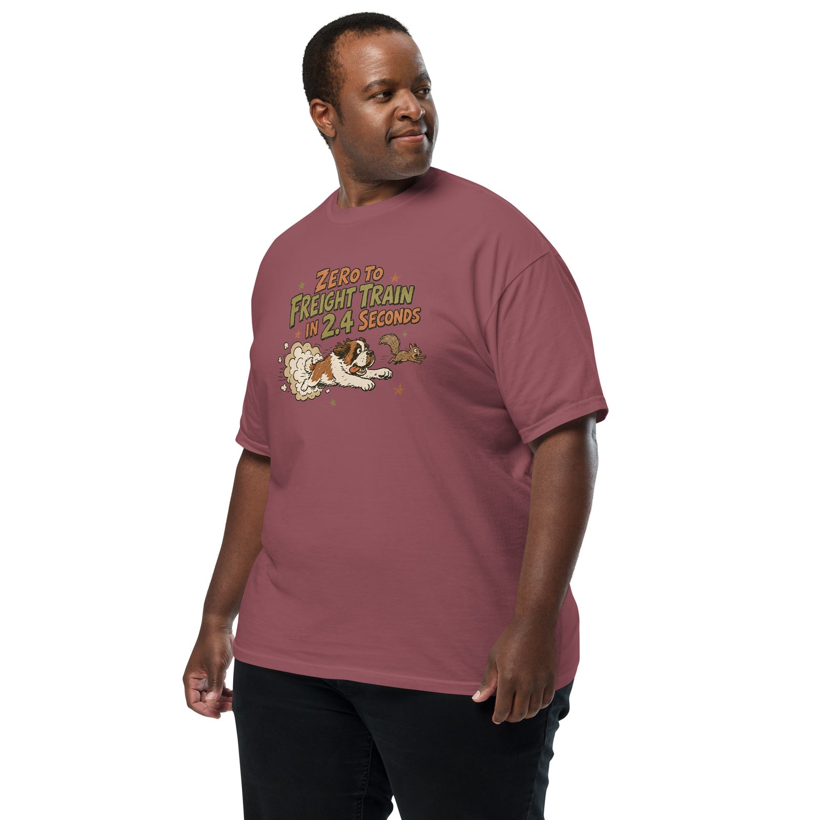 Brick Comfort Colors t-shirt with a retro earth tone cartoon of a funny Saint Bernard chasing a squirrel and Zero to Freight Train in 2.4 Seconds lettering.