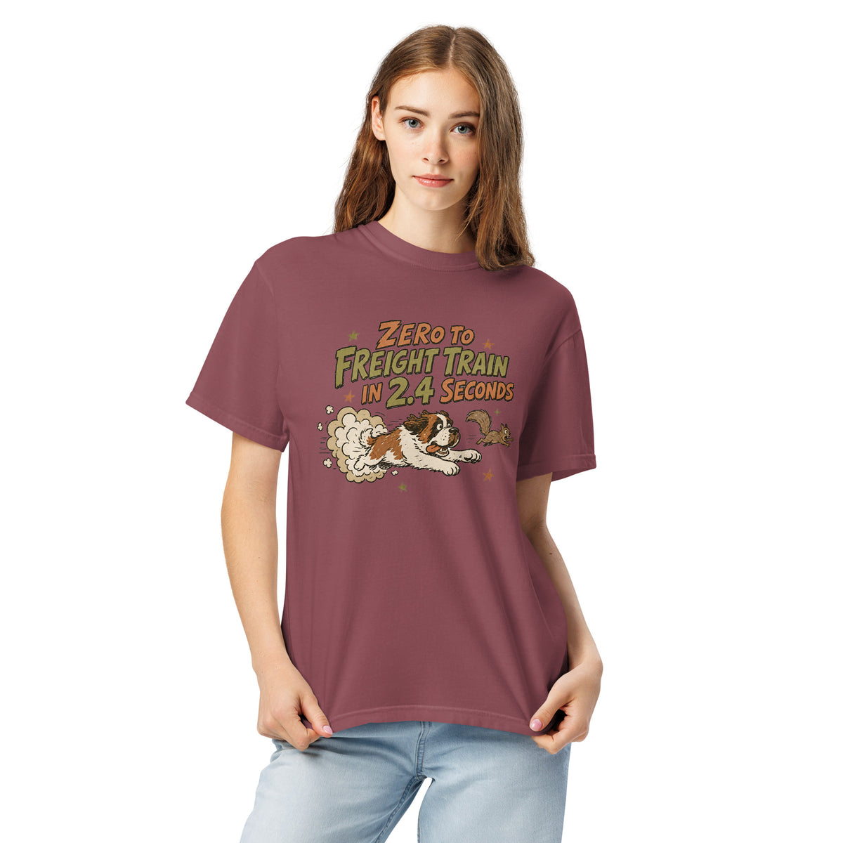 Brick Comfort Colors t-shirt with a retro earth tone cartoon of a funny Saint Bernard chasing a squirrel and Zero to Freight Train in 2.4 Seconds lettering.