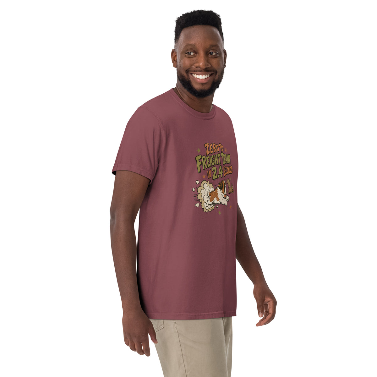 Brick Comfort Colors t-shirt with a retro earth tone cartoon of a funny Saint Bernard chasing a squirrel and Zero to Freight Train in 2.4 Seconds lettering.