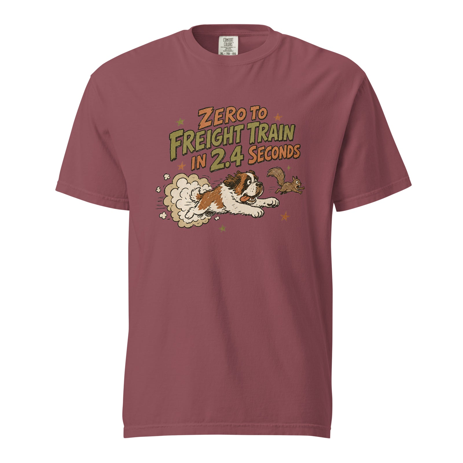 Brick Comfort Colors t-shirt with a retro earth tone cartoon of a funny Saint Bernard chasing a squirrel and Zero to Freight Train in 2.4 Seconds lettering.