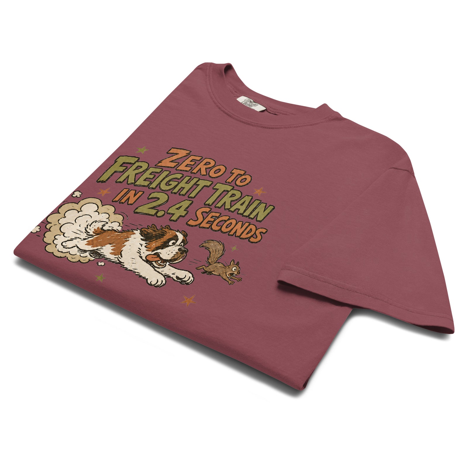 Brick Comfort Colors t-shirt with a retro earth tone cartoon of a funny Saint Bernard chasing a squirrel and Zero to Freight Train in 2.4 Seconds lettering.