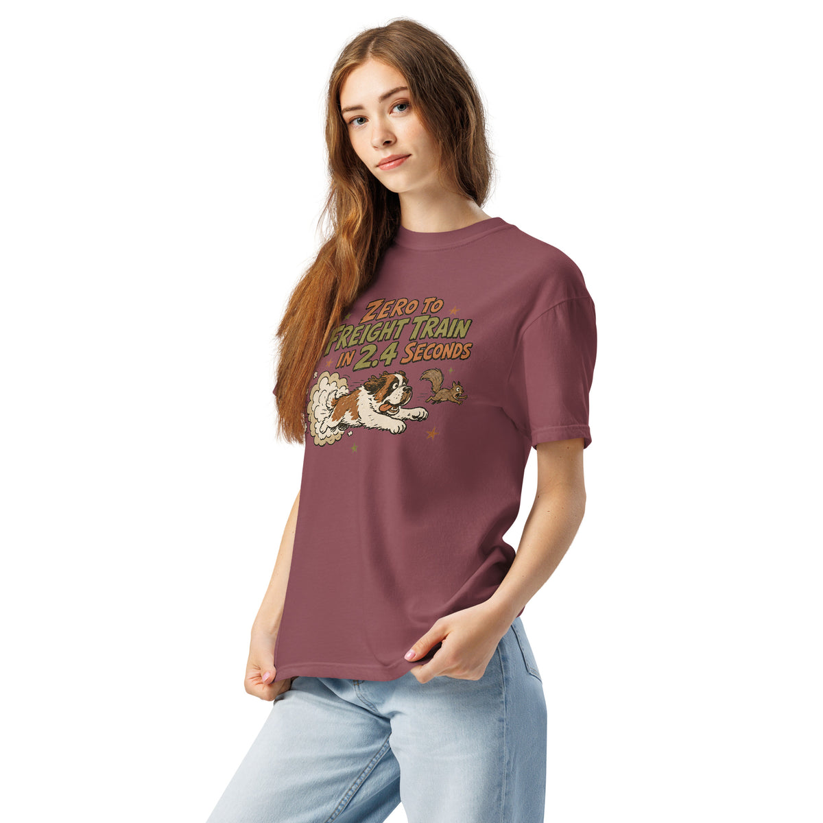 Brick Comfort Colors t-shirt with a retro earth tone cartoon of a funny Saint Bernard chasing a squirrel and Zero to Freight Train in 2.4 Seconds lettering.