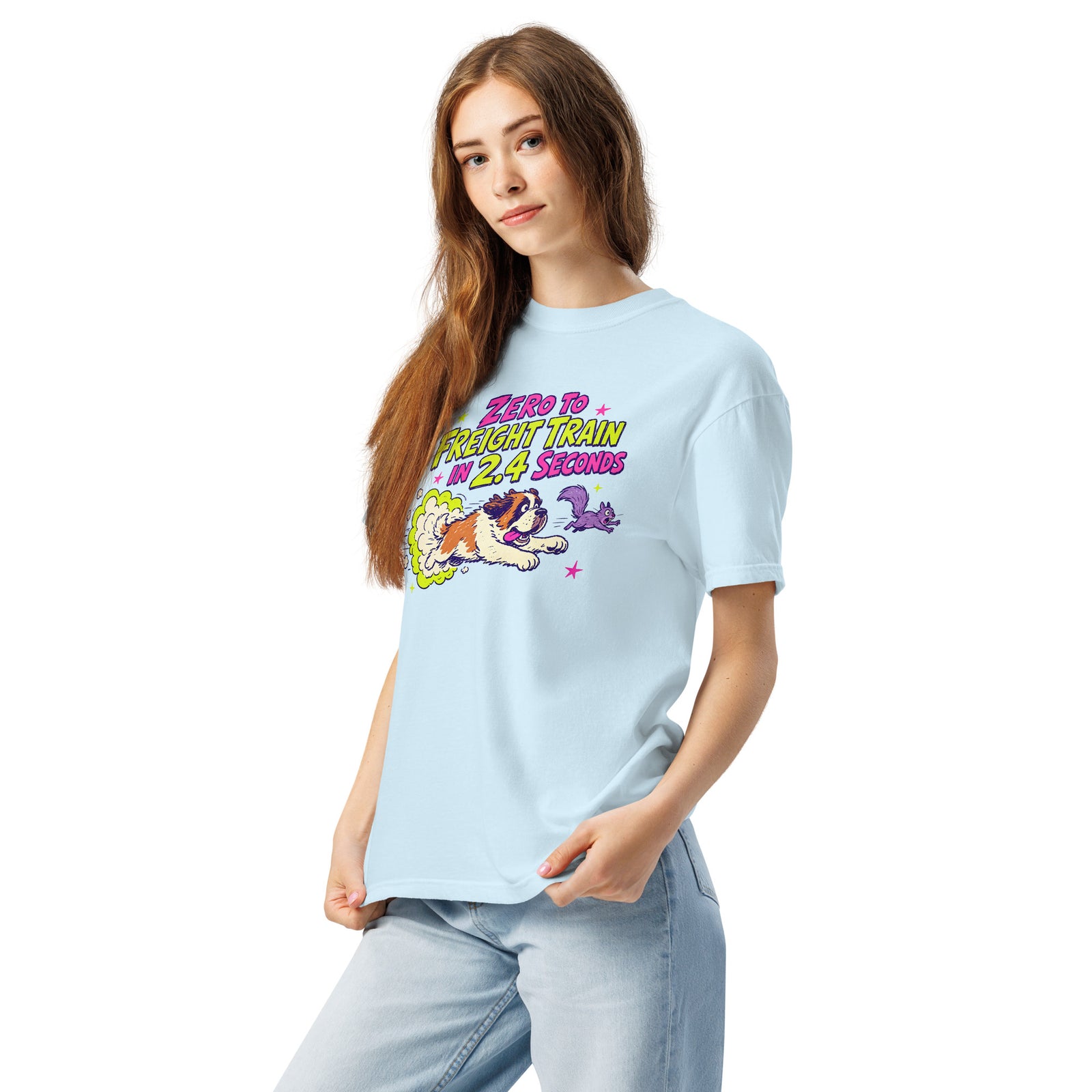 Chambray Blue Comfort Colors t-shirt with a bright retro cartoon Saint Bernard chasing a squirrel and Zero to Freight Train in 2.4 Seconds lettering.
