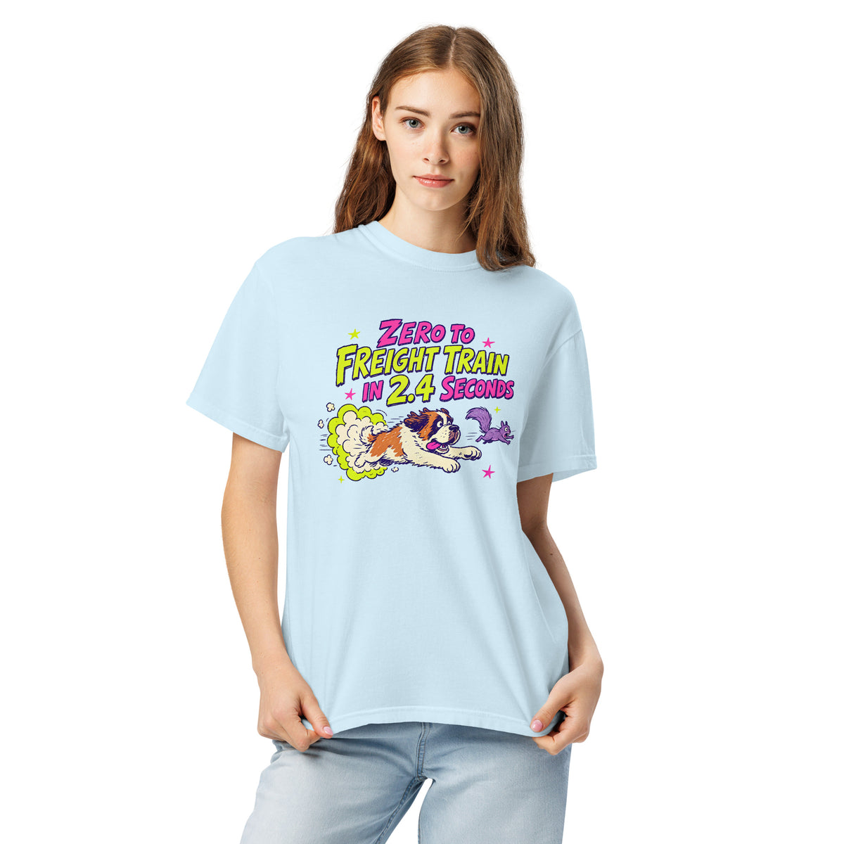 Chambray Blue Comfort Colors t-shirt with a bright retro cartoon Saint Bernard chasing a squirrel and Zero to Freight Train in 2.4 Seconds lettering.