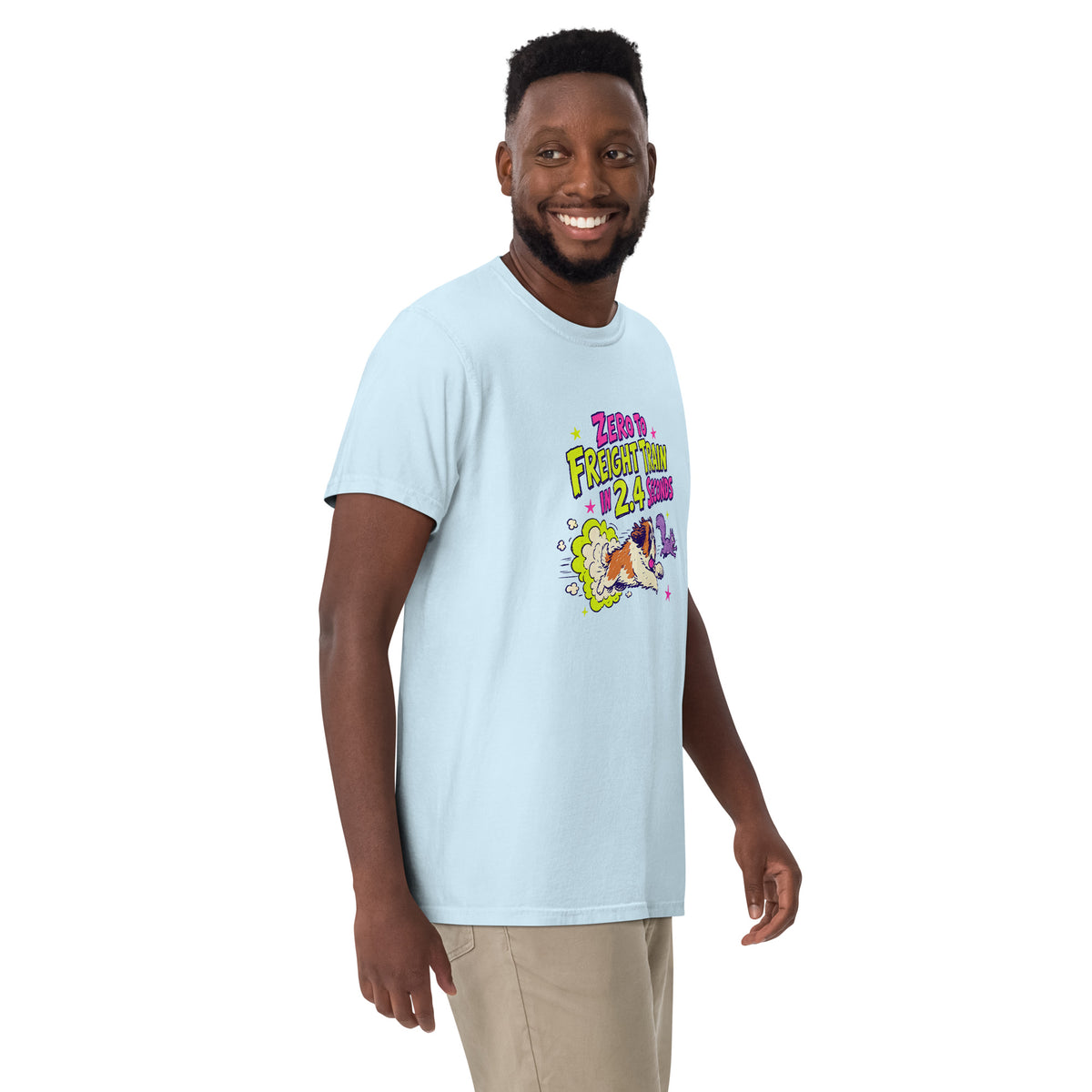 Chambray Blue Comfort Colors t-shirt with a bright retro cartoon Saint Bernard chasing a squirrel and Zero to Freight Train in 2.4 Seconds lettering.