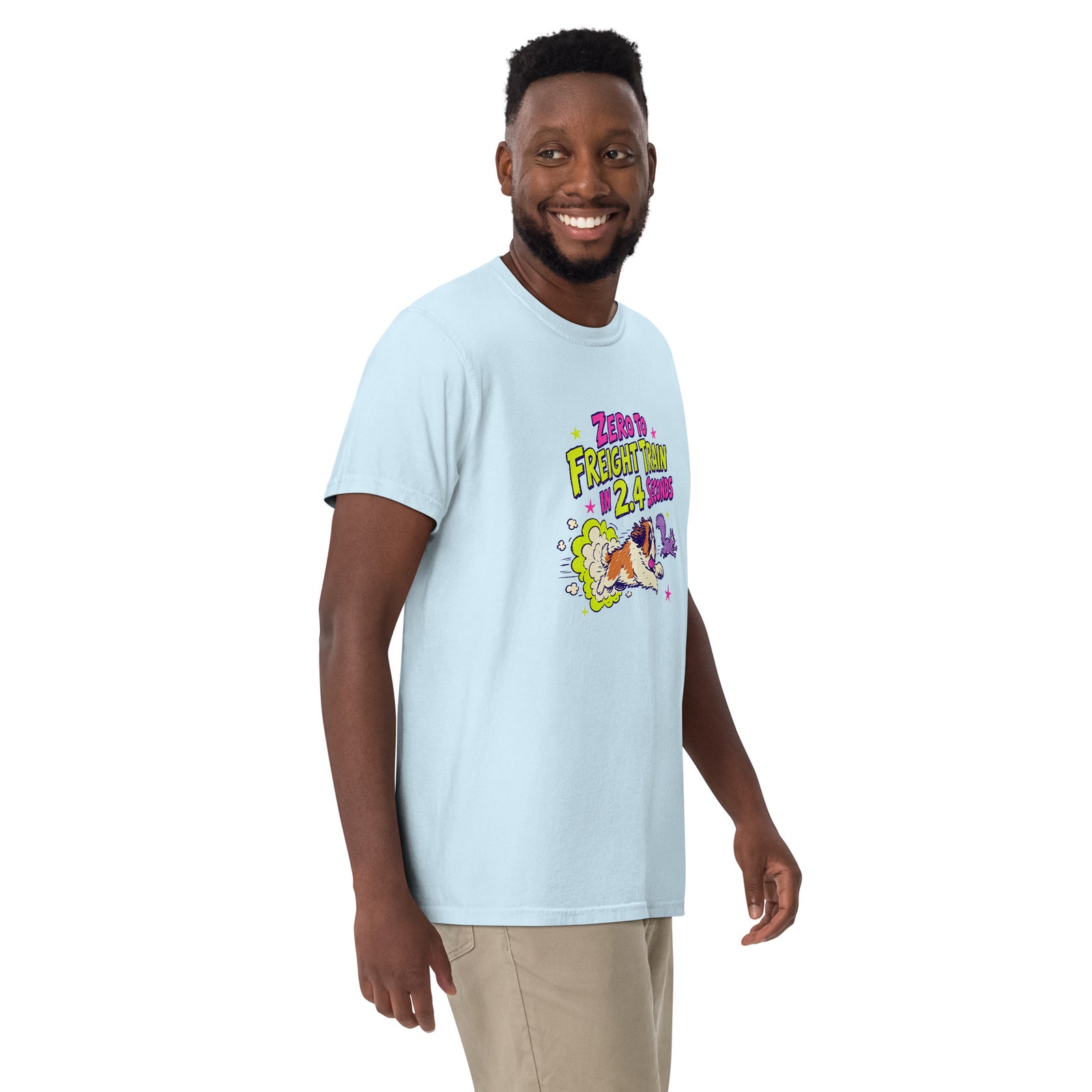 Chambray Blue Comfort Colors t-shirt with a bright retro cartoon Saint Bernard chasing a squirrel and Zero to Freight Train in 2.4 Seconds lettering.