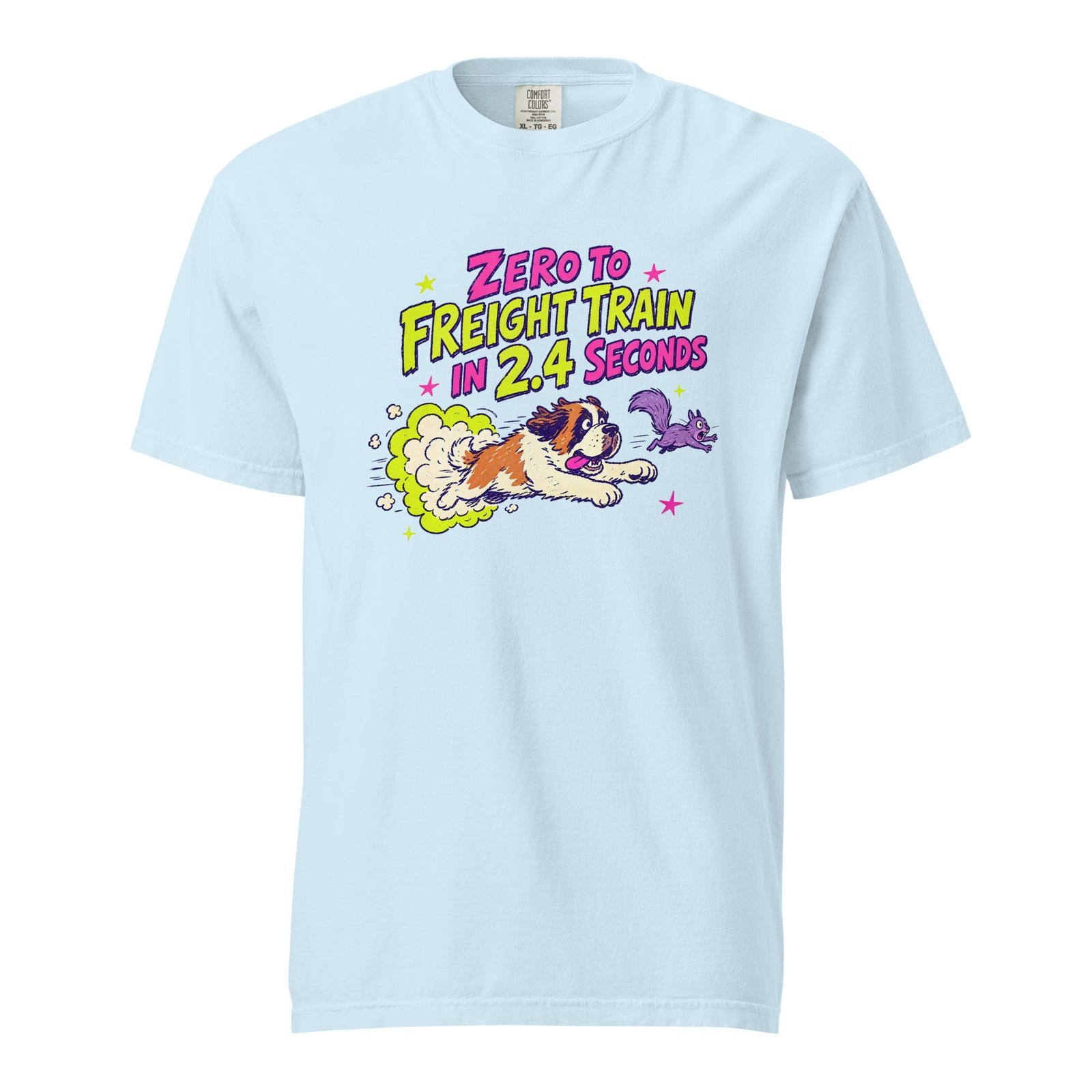 Chambray Blue Comfort Colors t-shirt with a bright retro cartoon Saint Bernard chasing a squirrel and Zero to Freight Train in 2.4 Seconds lettering.