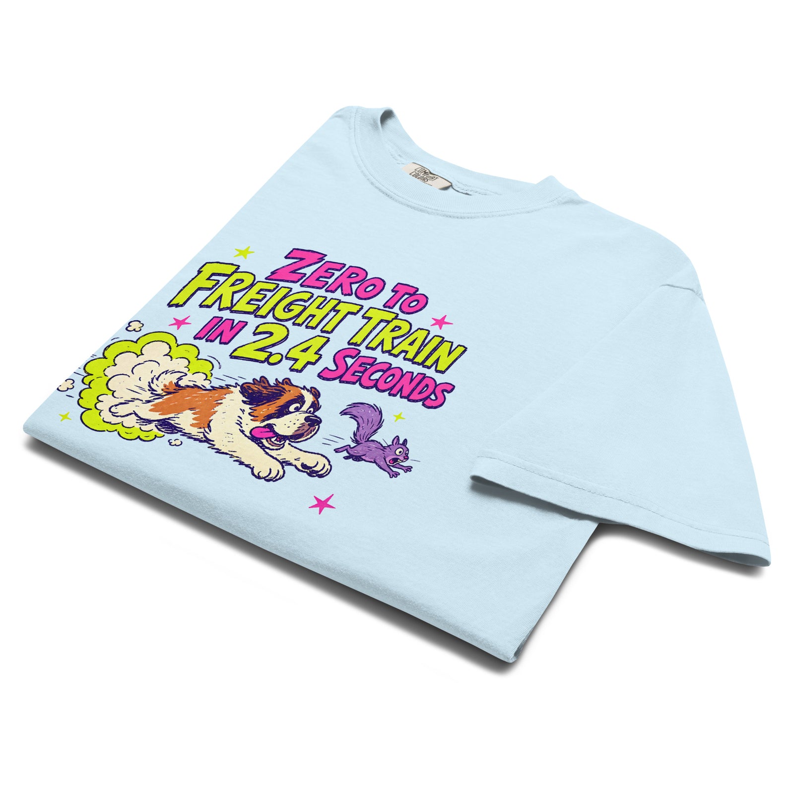 Chambray Blue Comfort Colors t-shirt with a bright retro cartoon Saint Bernard chasing a squirrel and Zero to Freight Train in 2.4 Seconds lettering.