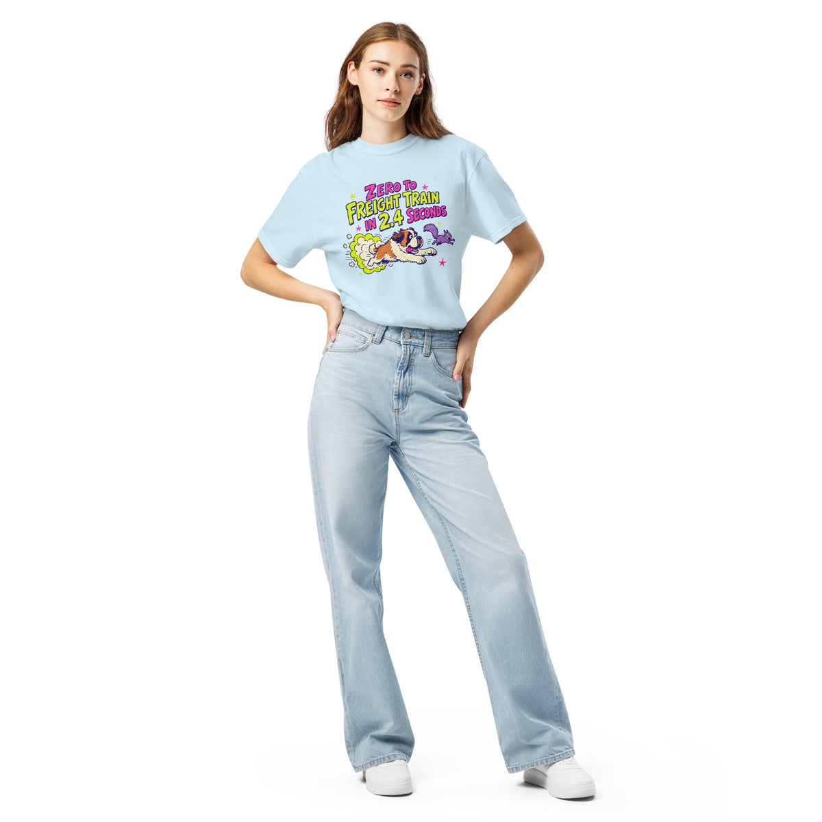 Chambray Blue Comfort Colors t-shirt with a bright retro cartoon Saint Bernard chasing a squirrel and Zero to Freight Train in 2.4 Seconds lettering.