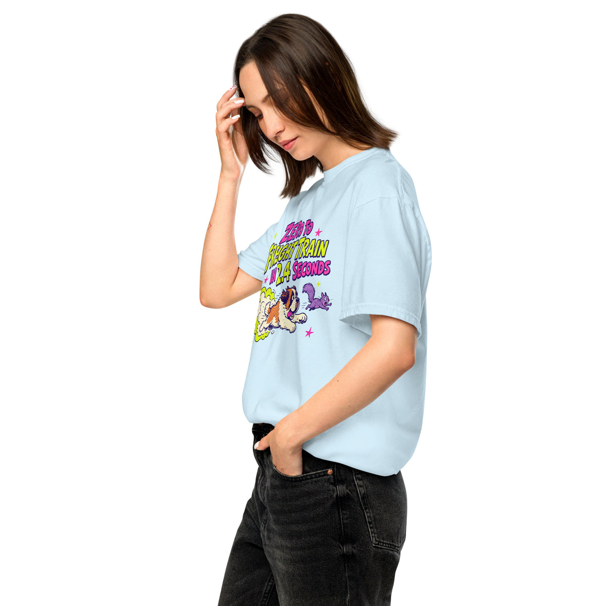 Chambray Blue Comfort Colors t-shirt with a bright retro cartoon Saint Bernard chasing a squirrel and Zero to Freight Train in 2.4 Seconds lettering.