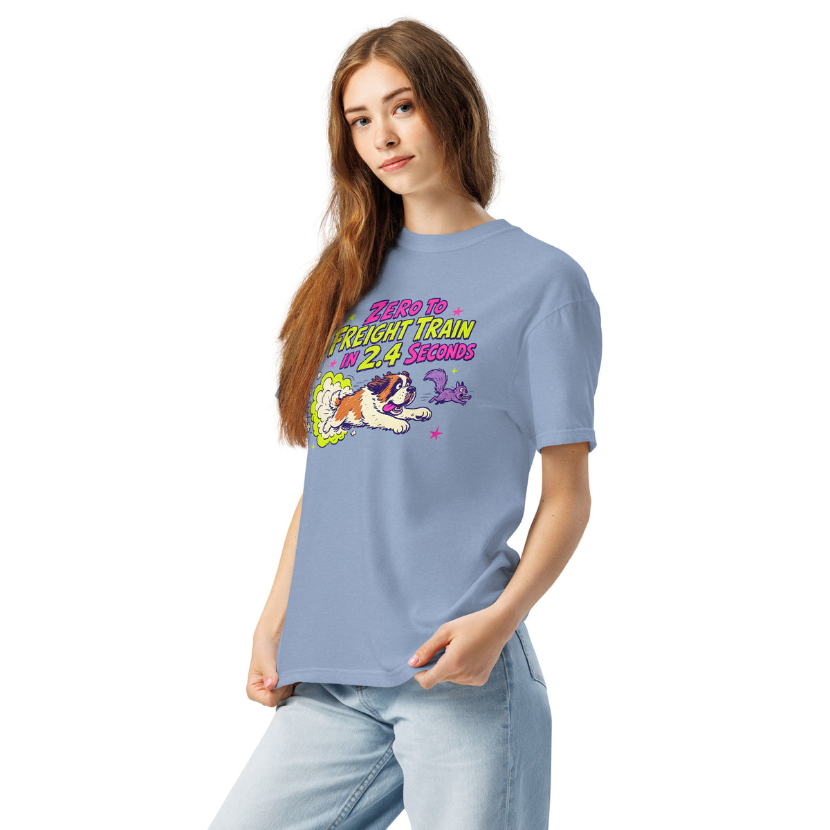 Denim Blue Comfort Colors t-shirt with a bright retro cartoon Saint Bernard chasing a squirrel and Zero to Freight Train in 2.4 Seconds lettering.