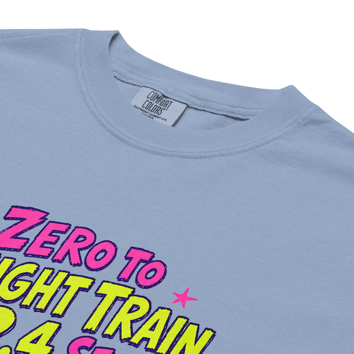Denim Blue Comfort Colors t-shirt with a bright retro cartoon Saint Bernard chasing a squirrel and Zero to Freight Train in 2.4 Seconds lettering.
