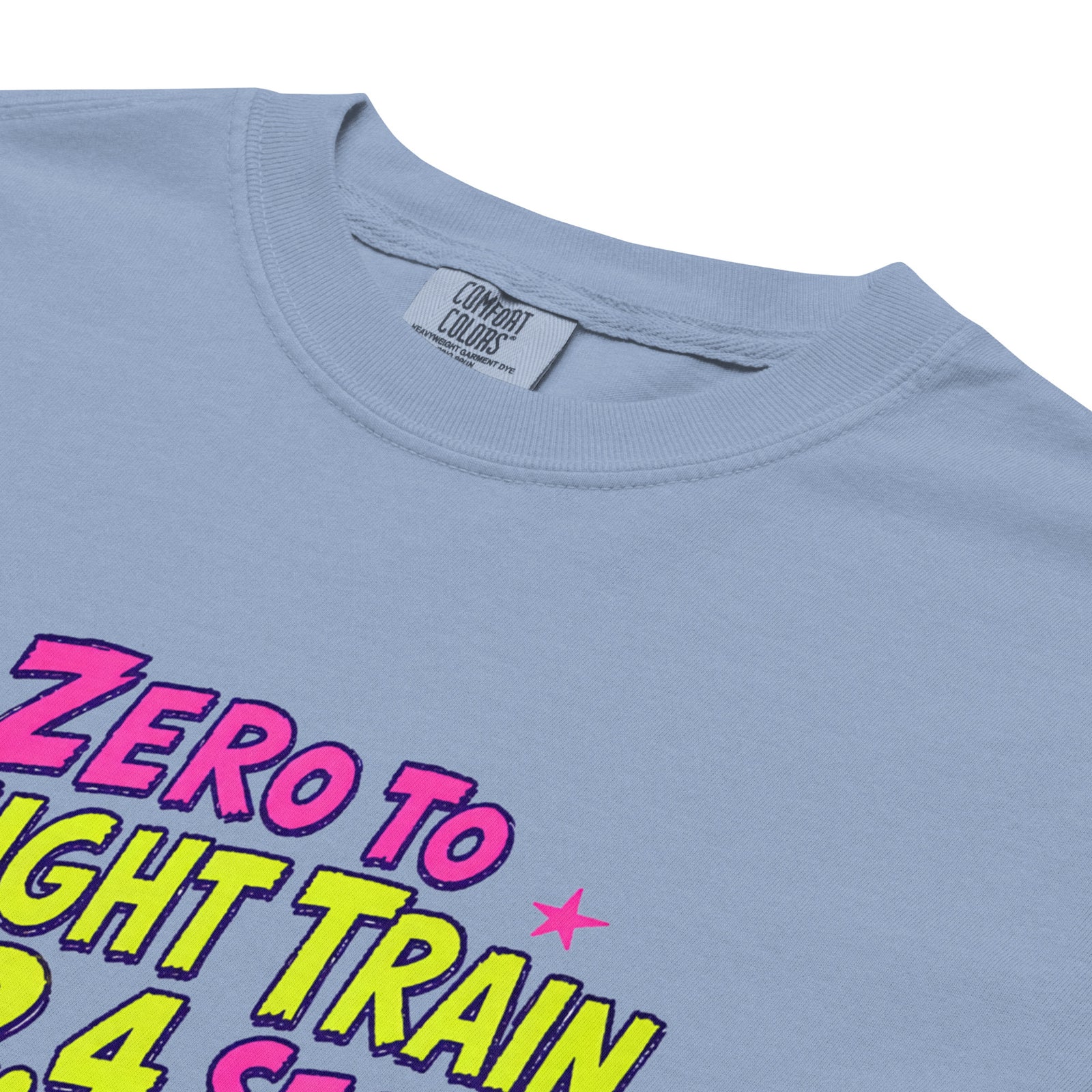 Denim Blue Comfort Colors t-shirt with a bright retro cartoon Saint Bernard chasing a squirrel and Zero to Freight Train in 2.4 Seconds lettering.