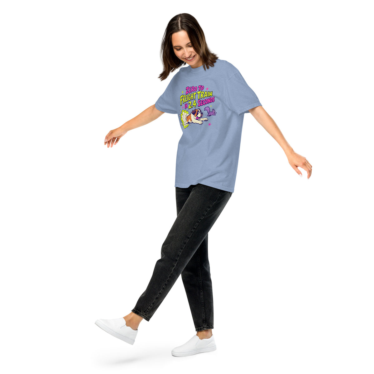 Denim Blue Comfort Colors t-shirt with a bright retro cartoon Saint Bernard chasing a squirrel and Zero to Freight Train in 2.4 Seconds lettering.