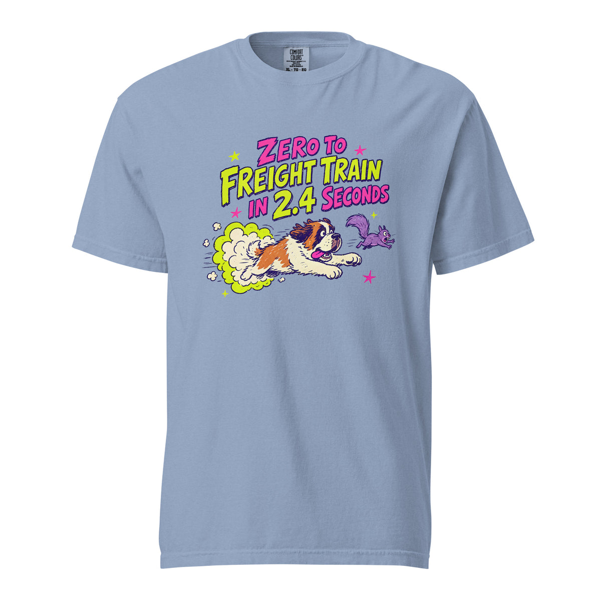 Denim Blue Comfort Colors t-shirt with a bright retro cartoon Saint Bernard chasing a squirrel and Zero to Freight Train in 2.4 Seconds lettering.