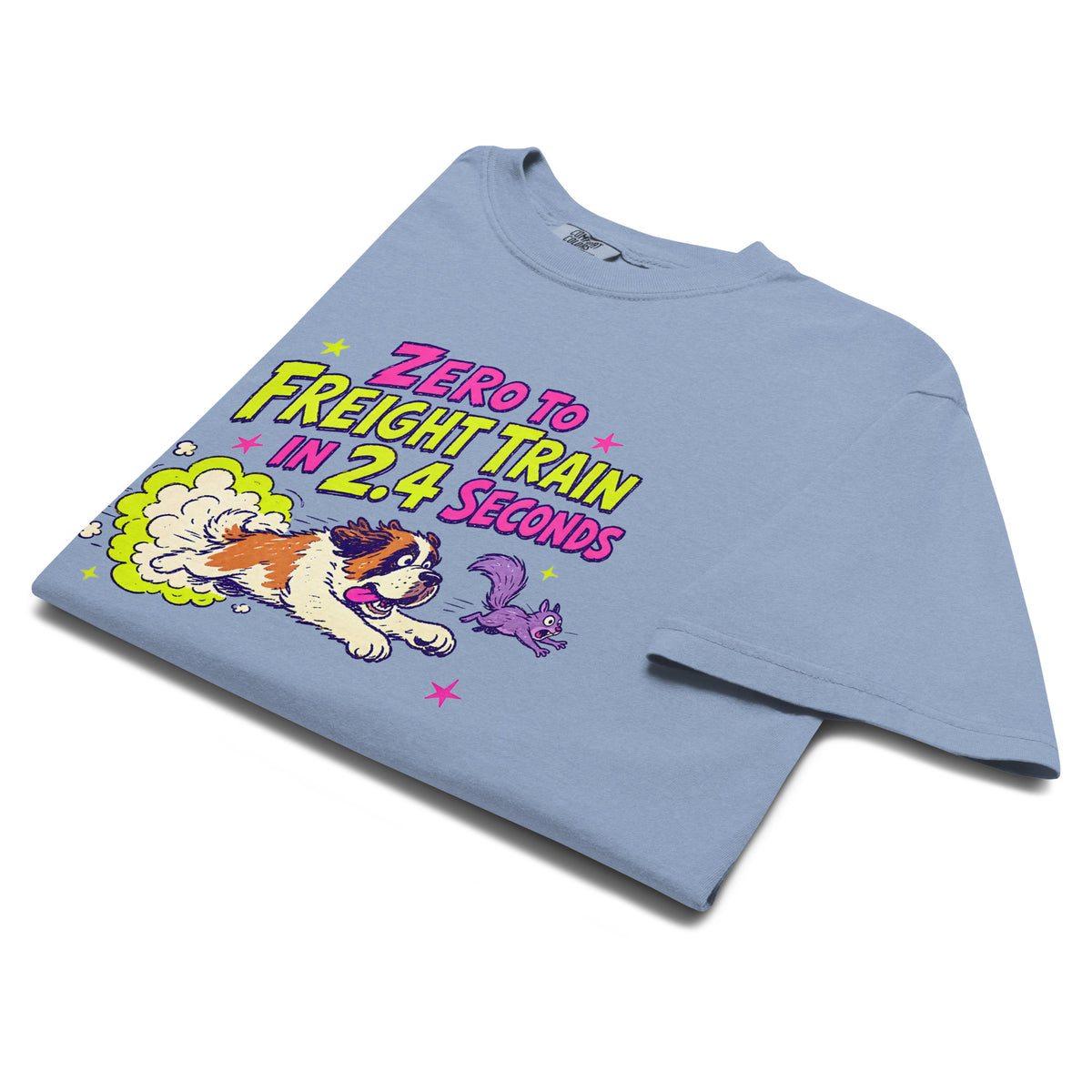 Denim Blue Comfort Colors t-shirt with a bright retro cartoon Saint Bernard chasing a squirrel and Zero to Freight Train in 2.4 Seconds lettering.