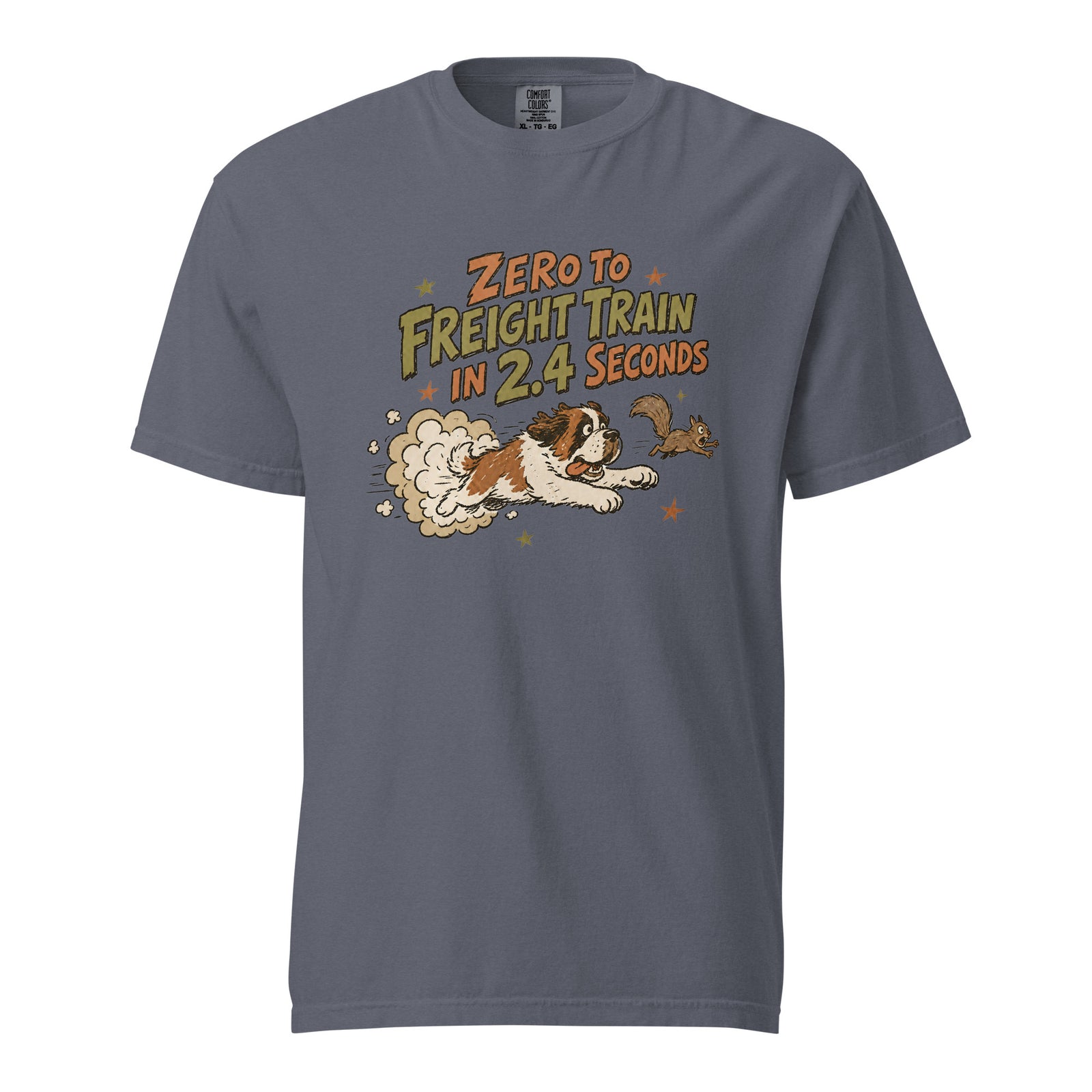 Denim blue Comfort Colors t-shirt with a retro earth tone cartoon of a funny Saint Bernard chasing a squirrel and Zero to Freight Train in 2.4 Seconds lettering.