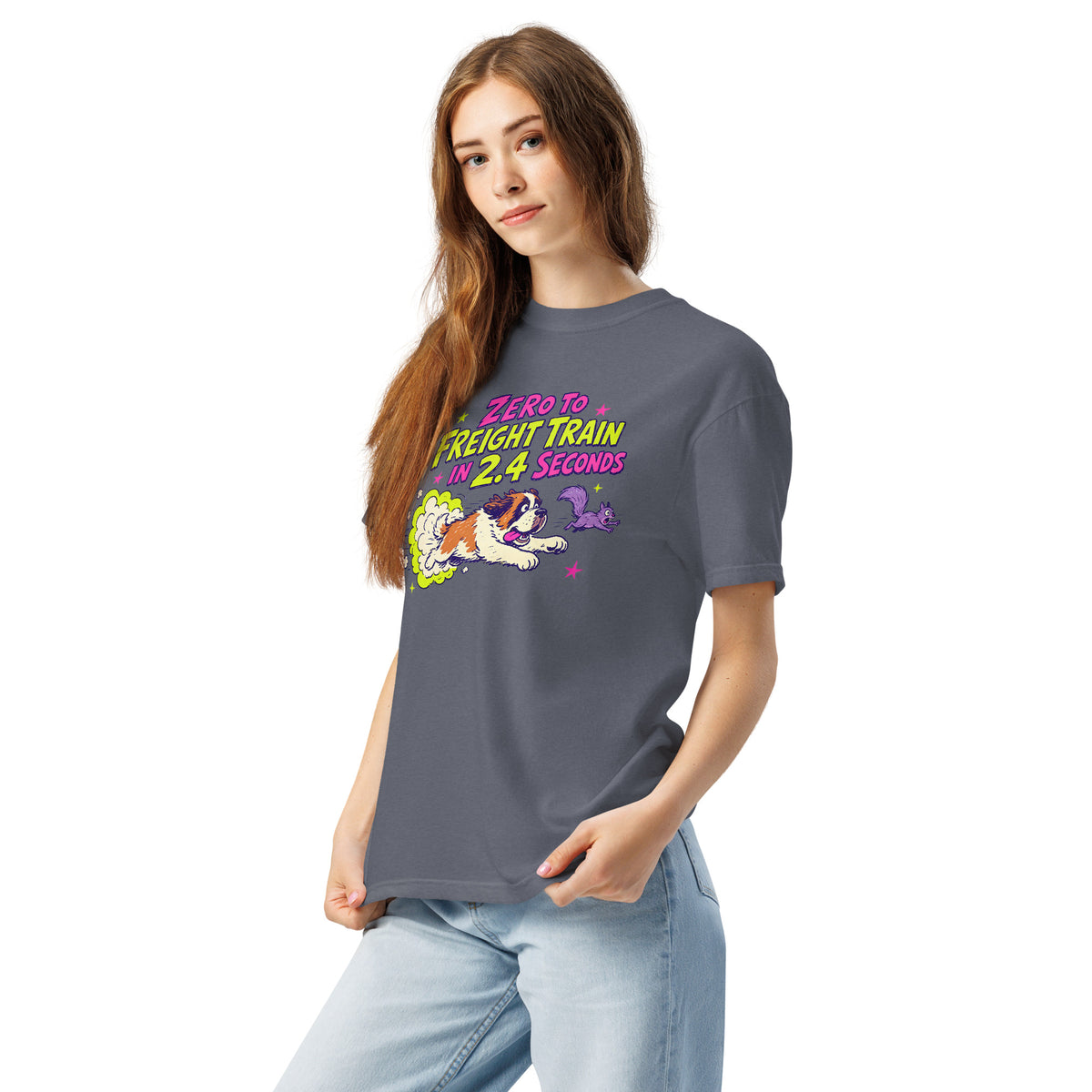 Denim Comfort Colors t-shirt with a bright retro cartoon Saint Bernard chasing a squirrel and Zero to Freight Train in 2.4 Seconds lettering.