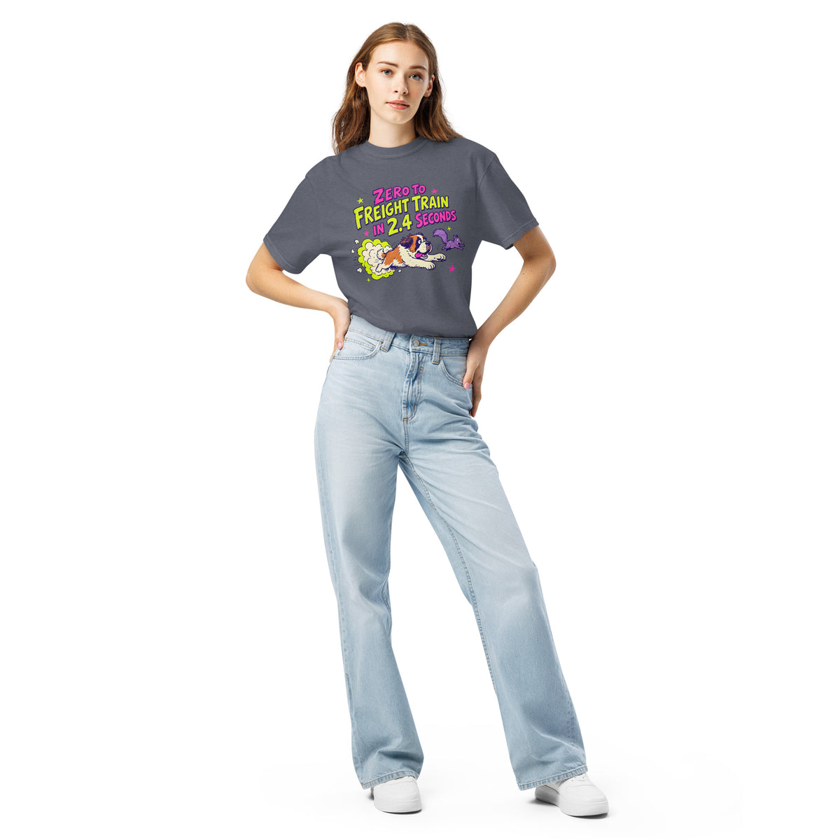 Denim Comfort Colors t-shirt with a bright retro cartoon Saint Bernard chasing a squirrel and Zero to Freight Train in 2.4 Seconds lettering.