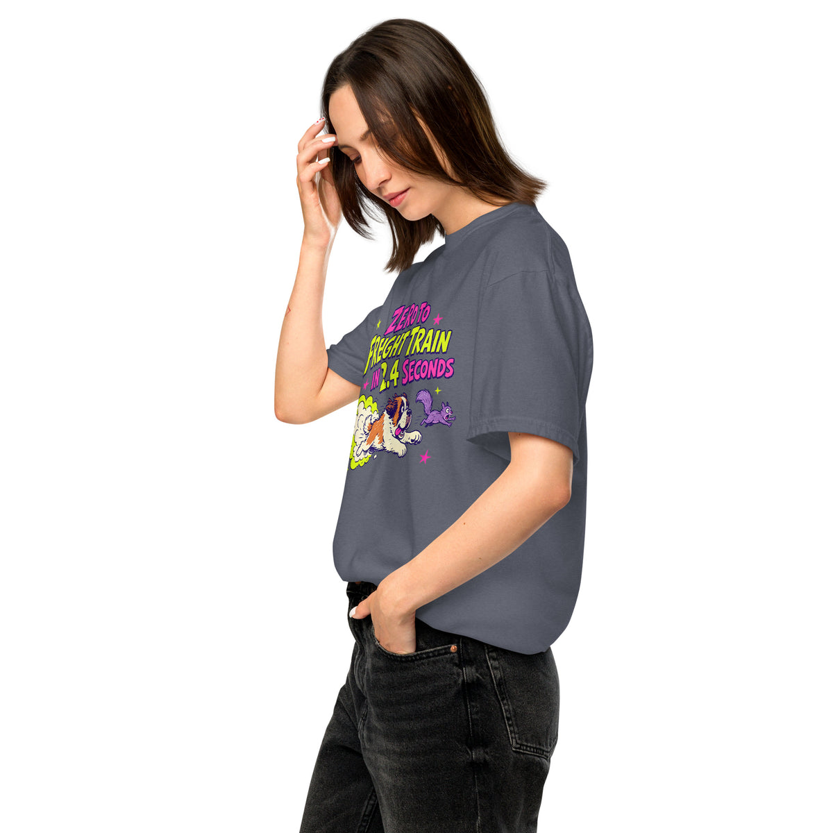 Denim Comfort Colors t-shirt with a bright retro cartoon Saint Bernard chasing a squirrel and Zero to Freight Train in 2.4 Seconds lettering.