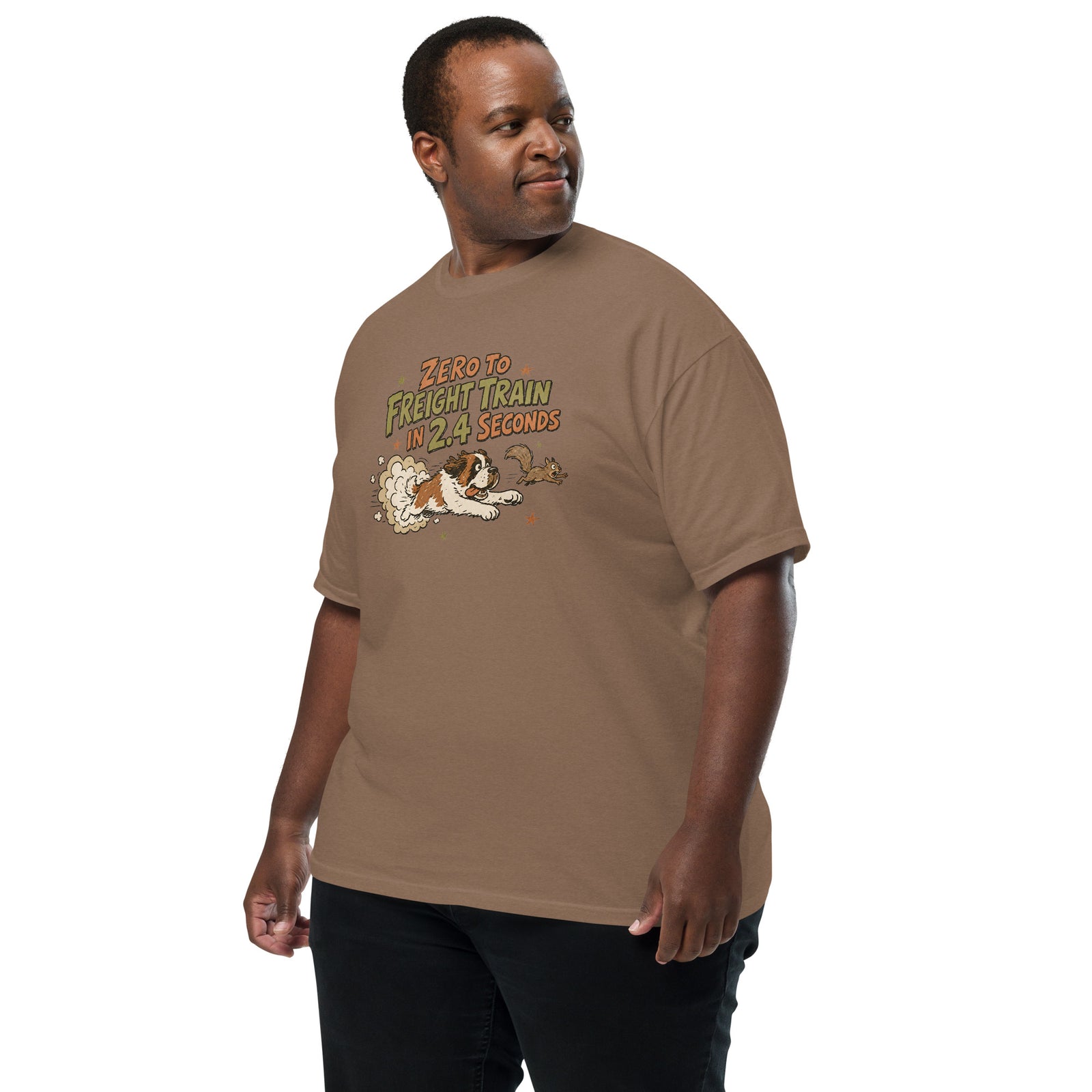Espresso brown Comfort Colors t-shirt with a retro earth tone cartoon of a funny Saint Bernard chasing a squirrel and Zero to Freight Train in 2.4 Seconds lettering.