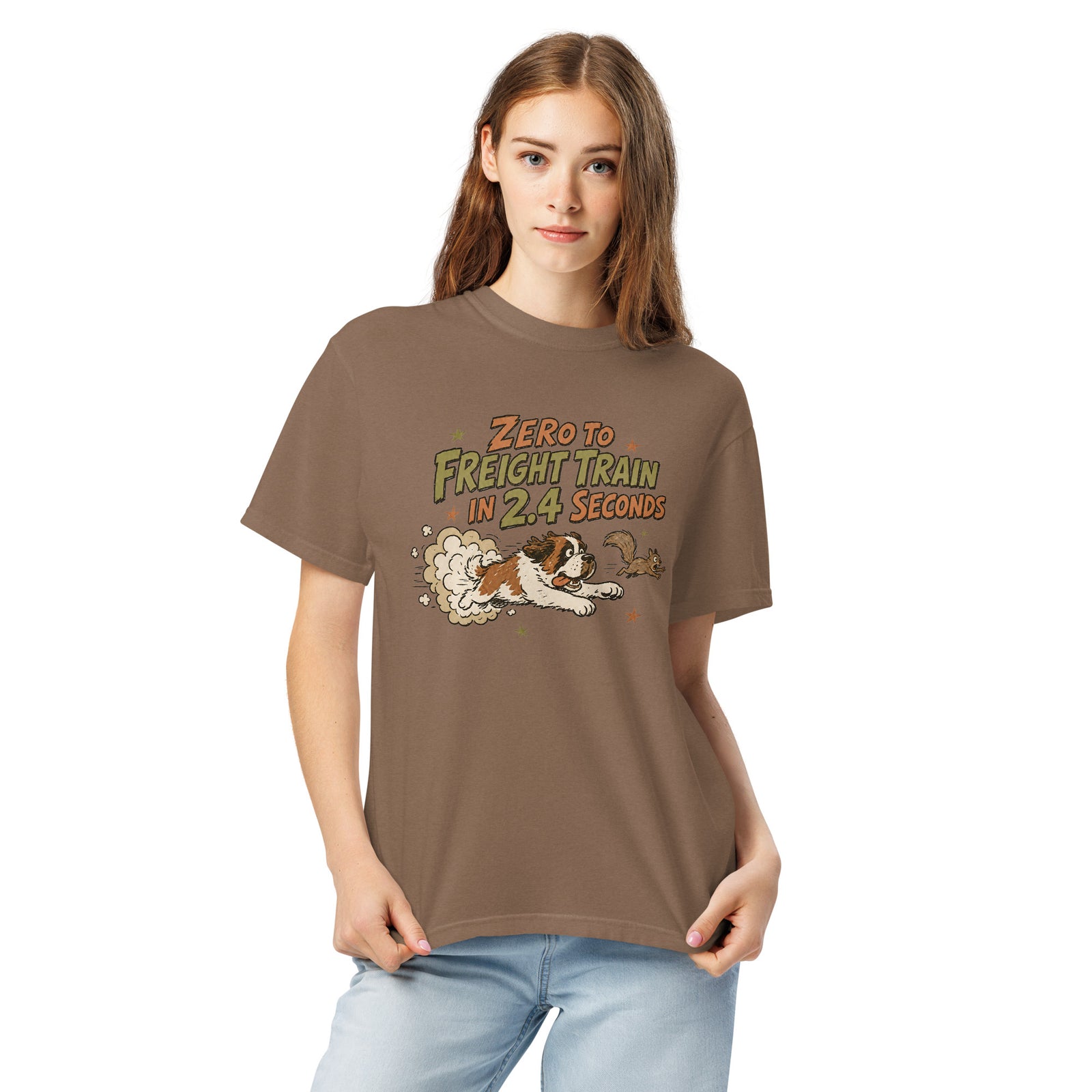 Espresso brown Comfort Colors t-shirt with a retro earth tone cartoon of a funny Saint Bernard chasing a squirrel and Zero to Freight Train in 2.4 Seconds lettering.