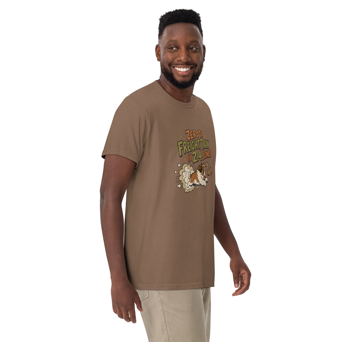 Espresso brown Comfort Colors t-shirt with a retro earth tone cartoon of a funny Saint Bernard chasing a squirrel and Zero to Freight Train in 2.4 Seconds lettering.