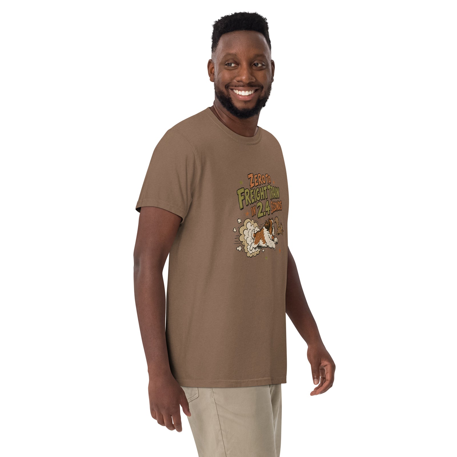 Espresso brown Comfort Colors t-shirt with a retro earth tone cartoon of a funny Saint Bernard chasing a squirrel and Zero to Freight Train in 2.4 Seconds lettering.