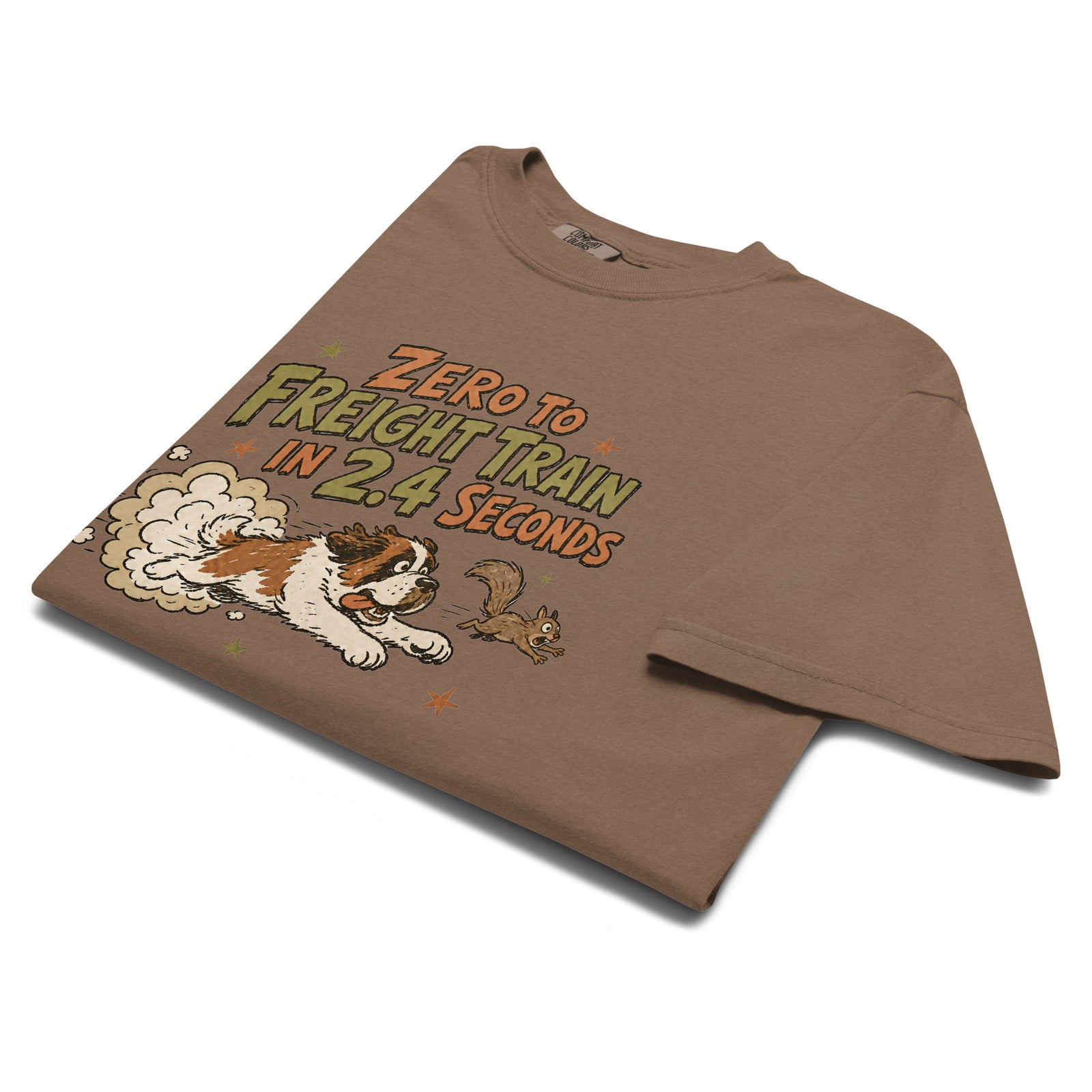 Espresso brown Comfort Colors t-shirt with a retro earth tone cartoon of a funny Saint Bernard chasing a squirrel and Zero to Freight Train in 2.4 Seconds lettering.
