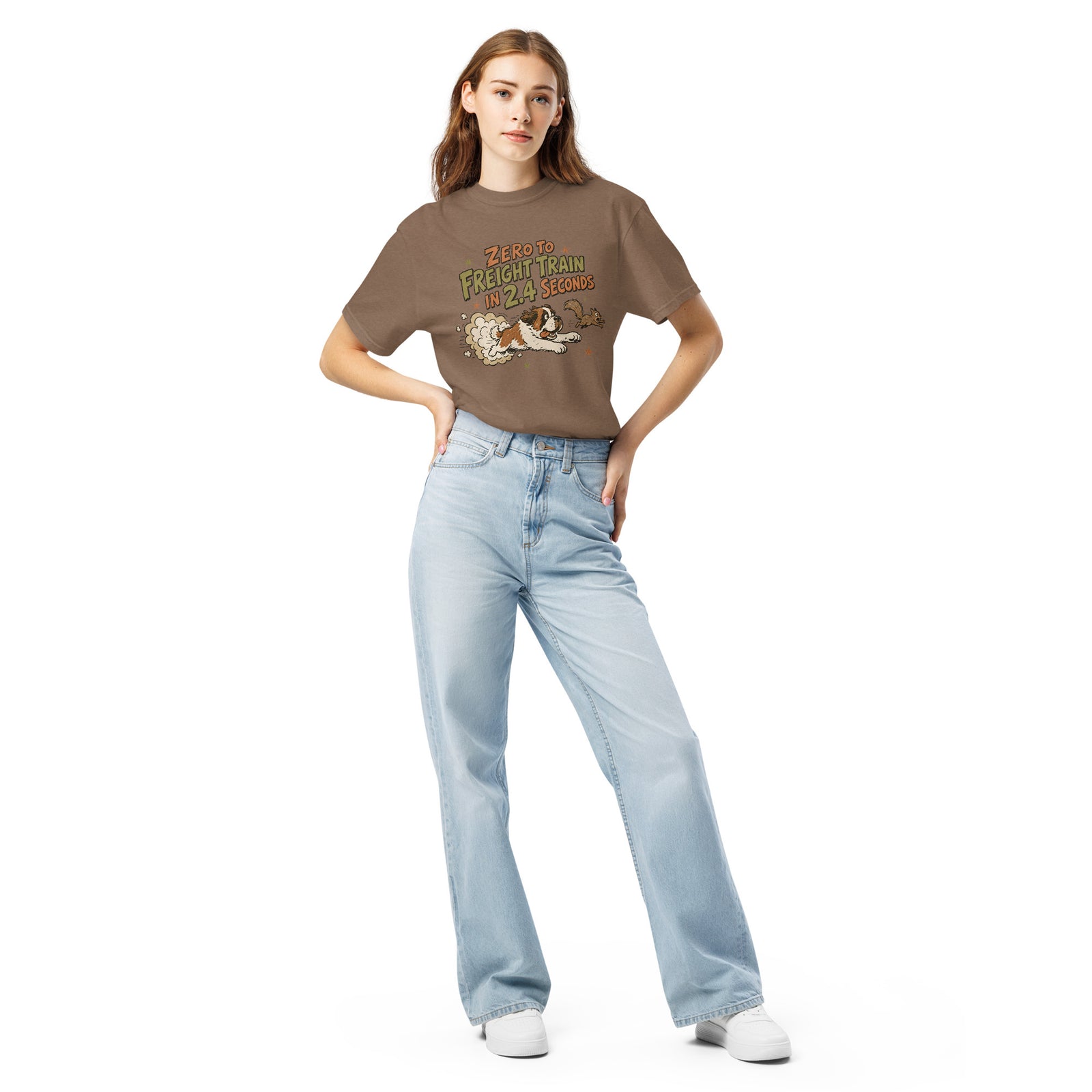 Espresso brown Comfort Colors t-shirt with a retro earth tone cartoon of a funny Saint Bernard chasing a squirrel and Zero to Freight Train in 2.4 Seconds lettering.