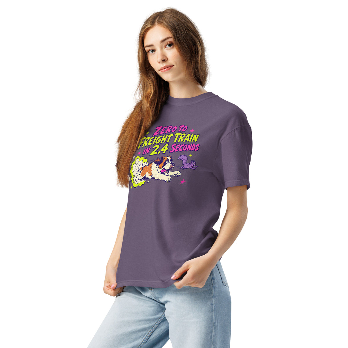 Grape purple Comfort Colors t-shirt with a bright retro cartoon Saint Bernard chasing a squirrel and Zero to Freight Train in 2.4 Seconds lettering.