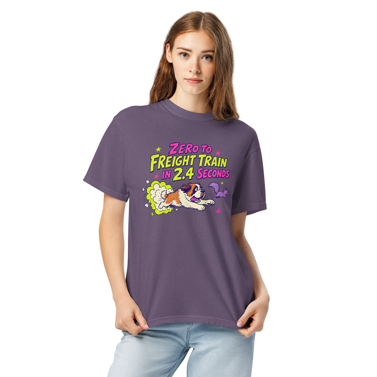 Grape purple Comfort Colors t-shirt with a bright retro cartoon Saint Bernard chasing a squirrel and Zero to Freight Train in 2.4 Seconds lettering.