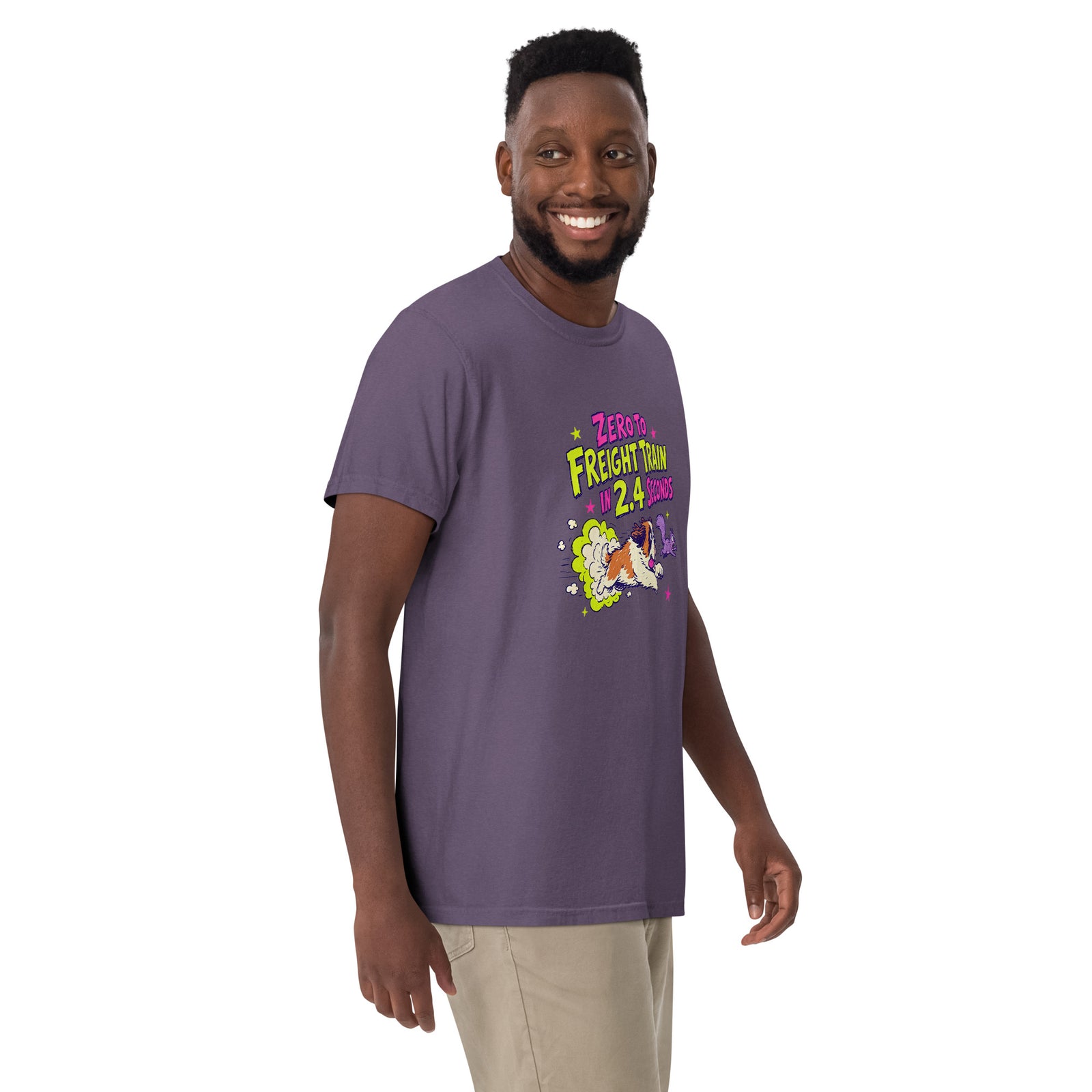 Grape purple Comfort Colors t-shirt with a bright retro cartoon Saint Bernard chasing a squirrel and Zero to Freight Train in 2.4 Seconds lettering.