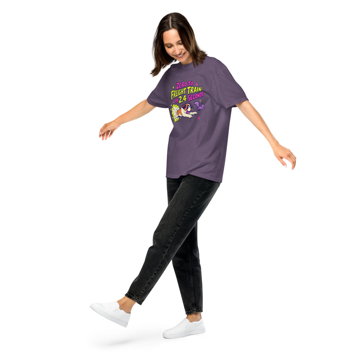 Grape purple Comfort Colors t-shirt with a bright retro cartoon Saint Bernard chasing a squirrel and Zero to Freight Train in 2.4 Seconds lettering.